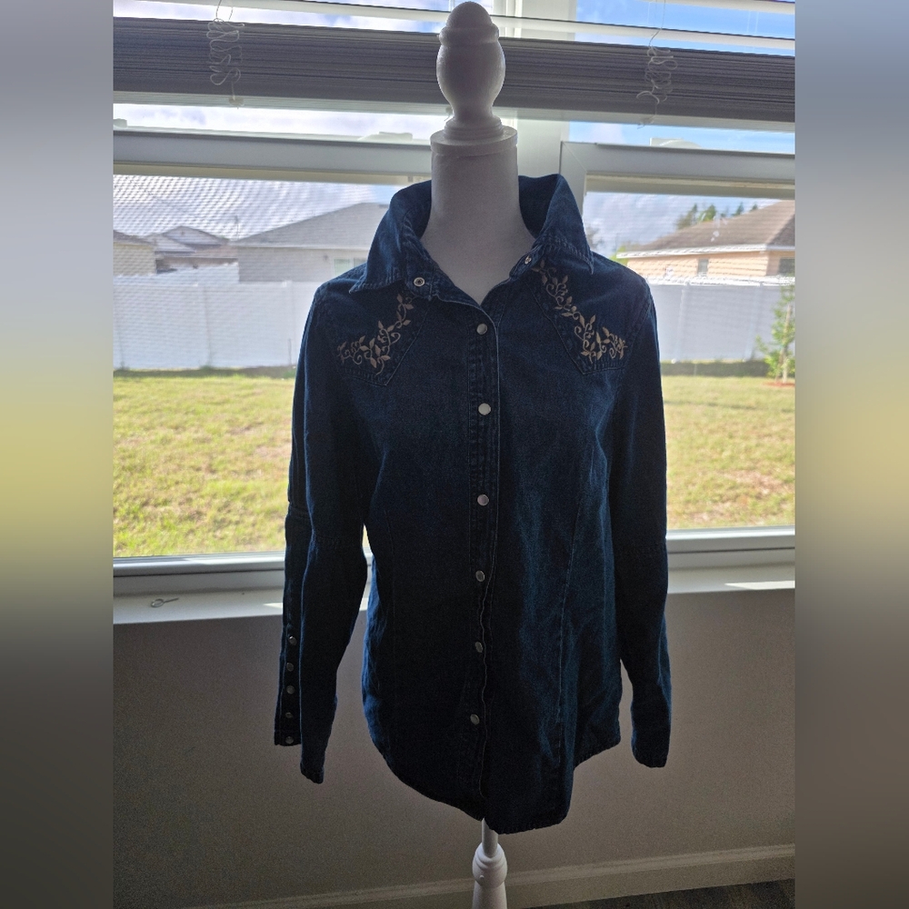 Dark Blue Embroidered Button-Down Shirt for Women